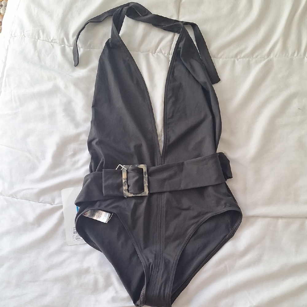 Eres halter belted swimsuit dark gray